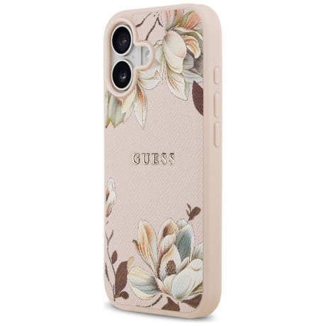 Оригинальный чехол Guess Grained Flowers Classic Logo с MagSafe на iPhone 17 - Pink