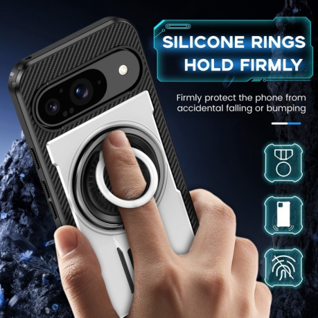 Противоударный чехол Ring Holder Carbon Fiber PC Hybrid TPU для Google Pixel 9 / 9 Pro - белый