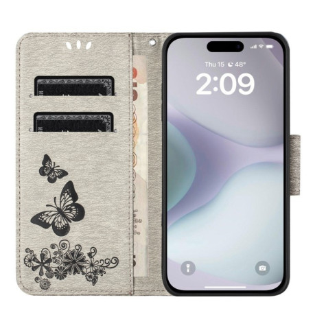 Чохол-книжка Embossed Butterfly для iPhone 16 Plus - сірий