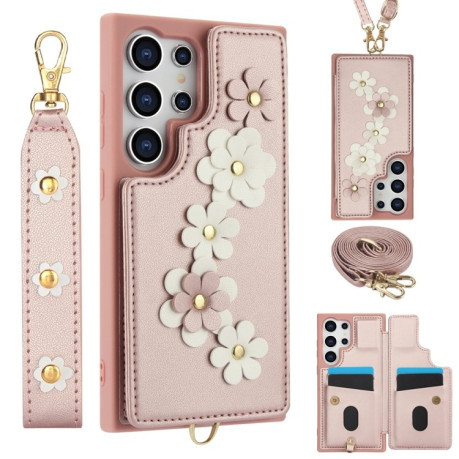 Чехол Crossbody Flower Pattern Leather на Samsung Galaxy S25 Ultra 5G - розовое золото