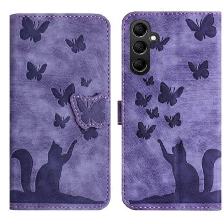 Чохол-книжка з тисненням Butterfly Cat м'яка фактура з магнітним хлястиком на Samsung Galaxy S25 FE 5G - фіолетовий