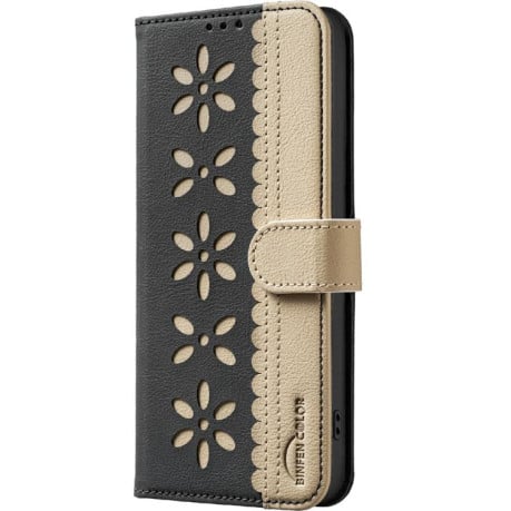 Чехол-книжка Splicing Color Hollow Flower Pattern RFID для Xiaomi Poco F7 5G Global - черный