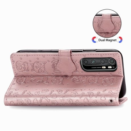 Чехол-книжка Cute Cat and Dog Embossed на Xiaomi Mi Note 10 Lite - розовое золото