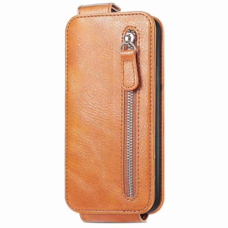 Чехол Cross Leather Ring Vertical Zipper Wallet для Samsung Galaxy M15 - коричневый
