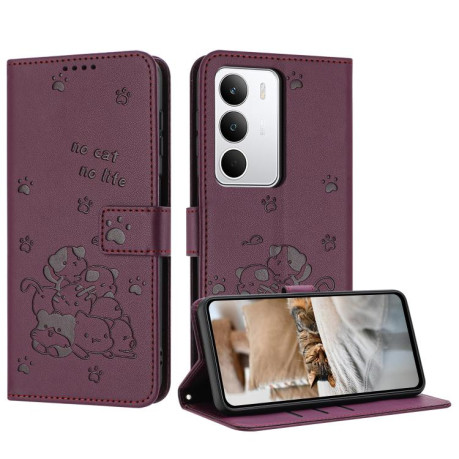 Чохол-книжка Embossed Kitten Phone Leather для Realme C71 4G - винно-червоний
