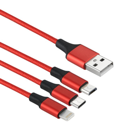 Универсальный Зарядный кабель 2A 1.2m 3 in 1 USB to 8 Pin &amp; USB-C / Type-C &amp; Micro USB Nylon Weave Charging Cable - красный