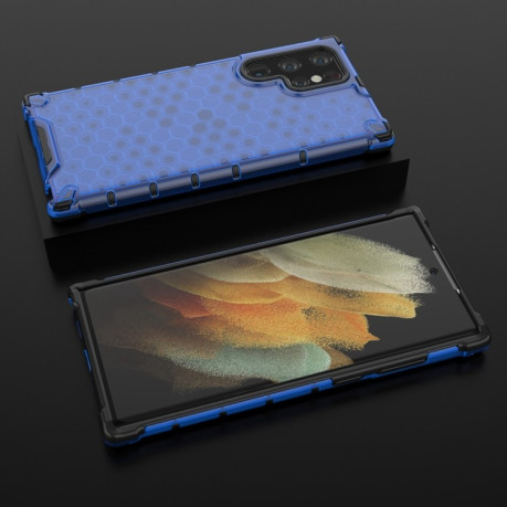 Противоударный чехол Honeycomb with Neck Lanyard для Samsung Galaxy S22 Ultra 5G - синий