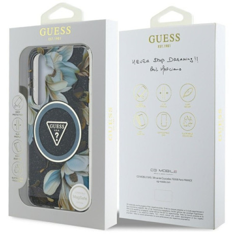 Оригинальный чехол Guess Glitter Flowers Triangle Buttons MagSafe для Samsung Galaxy S25 - black