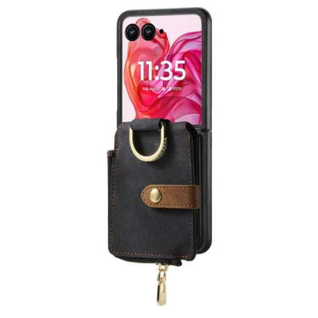 Чехол Cross Leather Ring Vertical Zipper Wallet для Motorola Razr 60 Ultra - черный