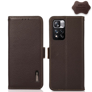 Кожаный чехол-книжка KHAZNEH Genuine Leather RFID для Xiaomi Redmi Note 12 Pro 4G/11 Pro Global(4G/5G)/11E Pro  - коричневый