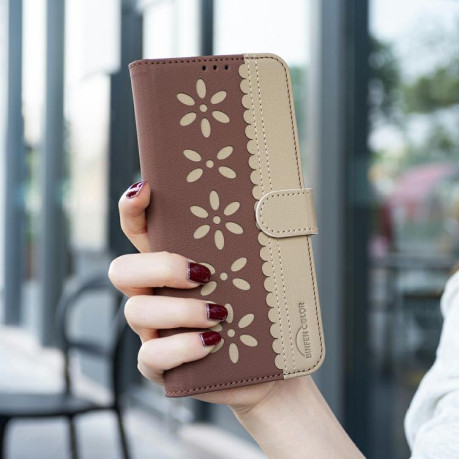 Чохол-книжка Splicing Color Hollow Flower Pattern RFID на Xiaomi Redmi Note 15 Pro 4G Global 163.2mm — коричневий