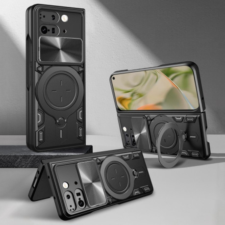 Чохол із шторкою камери CD фактурою та підставкою на Google Pixel 9 Pro Fold - сріблястий