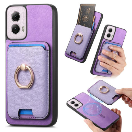 Чехол Retro Cross Leather Ring Vertical Insert Card Bag MagSafe для Motorola Moto G35 5G - фиолетовый