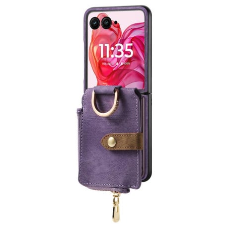 Чехол Cross Leather Ring Vertical Zipper Wallet для Motorola Razr 60 Ultra - фіолетовий