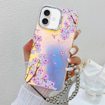 Чохол Electroplating Laser Flower Phone Case with Wrist Strap на iPhone 16 Plus - Peach Blossom