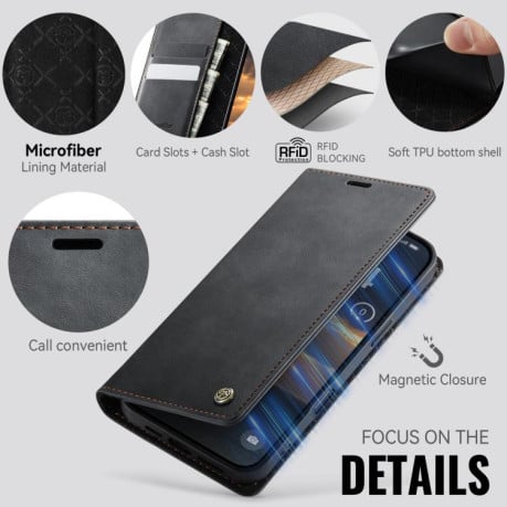 Чехол-книжка CaseMe 033 с фактурой Calf и защитой от сканирования RFID для iPhone 17 Pro — чёрный