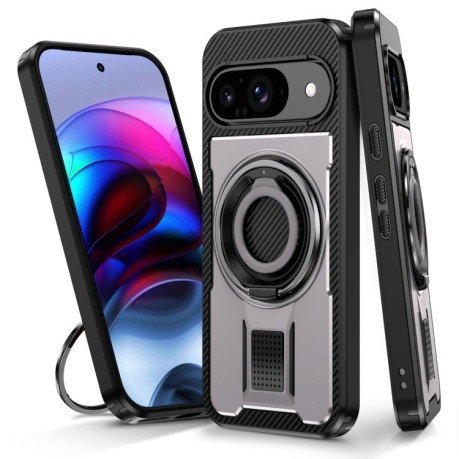 Протиударний чохол Ring Holder Carbon Fiber PC Hybrid TPU для Google Pixel 9/9 Pro - сірий