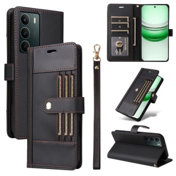 Чохол-книжка Six Card Slots Buckle Leather with Lanyard на Realme C75 - чорний