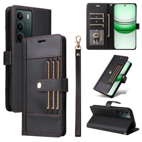 Чехол-книжка Six Card Slots Buckle Leather with Lanyard на Realme C75 - черный