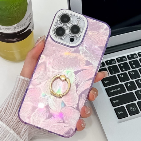 Чохол протиударний Plating Glitter Texture Ring Holder для iPhone 16 Pro - Purple Feathers