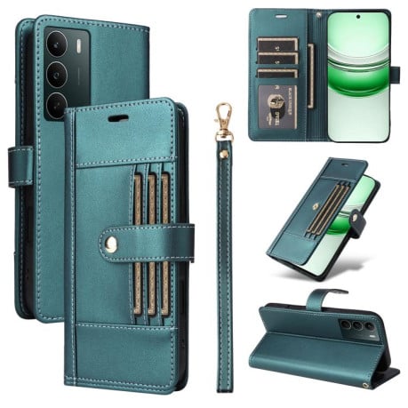 Чехол-книжка Six Card Slots Buckle Leather with Lanyard на Realme C75 - зеленый