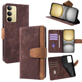 Чохол-книжка Color Stitching Skin Feel із захистом від сканування RFID та магнітним хлястиком на Realme C75 4G / 14x 5G Global - коричневий