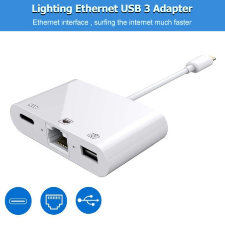 Конвертер NK-107 3 in 1 Ethernet + USB + 8 Pin Charging Female Ports to 8 Pin Male OTG Digital Video - белый