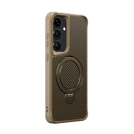 Противоударный чехол Carbon Fiber Texture 360 MagSafe Holder на Samsung Galaxy S25 / S24 5G - Desert Gold
