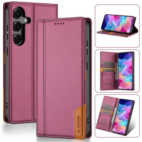 Чохол-книжка N.BEKUS P3 RFID Stitching з кишенькою на карток на Samsung Galaxy S25 FE 5G - винно-червоний