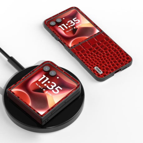 Противоударный чехол ABEEL Crocodile Texture Genuine Leather для Motorola Razr 60 Ultra - красный