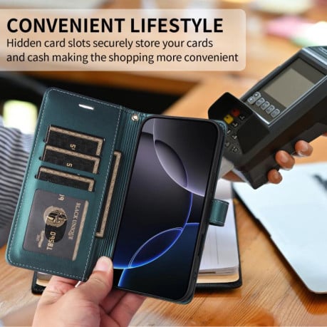 Чехол-книжка Six Card Slots Buckle Leather with Lanyard на Realme C75 - зеленый