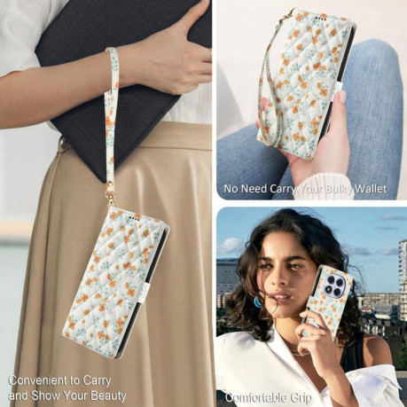 Чехол книжка Flower Pattern Buckle Leather with Lanyard с цветами и ремешком на Xiaomi Redmi Note 15 4G / 5G /Poco M8 164mm — синий с оранжевые цветы