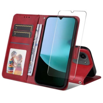 Чехол-книжка ENKAY- кошелёк c фактурой calf + стекло на Xiaomi Redmi 15C 4G / 5G 173.1mm /Poco C85 - красный