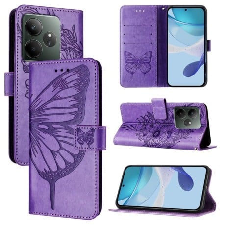 Чехол-книжка Embossed Butterfly для Realme GT 6T 5G Global - фиолетовый