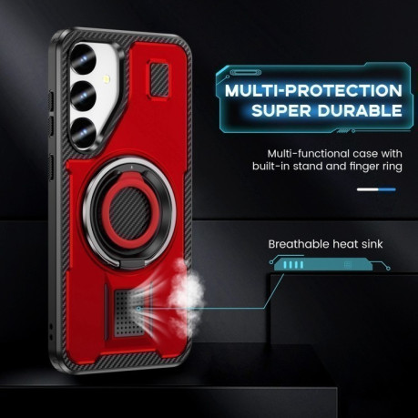 Противоударный чехол Ring Holder Carbon Fiber PC Hybrid TPU для Samsung Galaxy S25+ 5G - красный