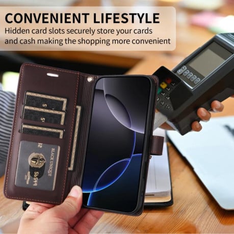 Чехол-книжка Six Card Slots Buckle Leather with Lanyard на Realme C75 - кофейный