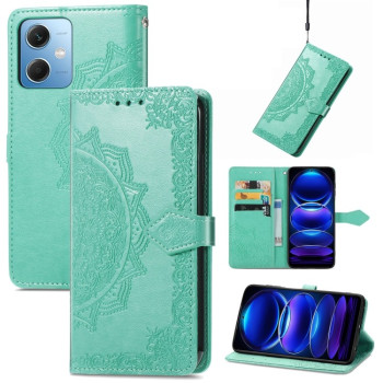 Чехол-книжка Lucky Clover Halfway Mandala Embossing Pattern на Xiaomi Redmi Note 12 4G - зеленый