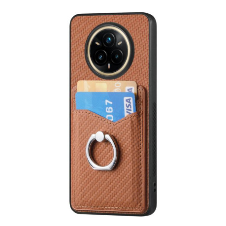 Противоударный чехол Carbon Fiber Card Wallet Ring Holder для Realme 14 Pro+ - коричневый