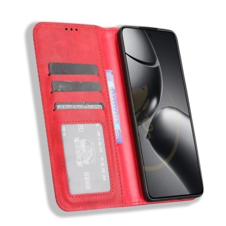 Чохол-книжка Magnetic Buckle Retro Crazy Horse Texture на Xiaomi 14T Pro - червоний