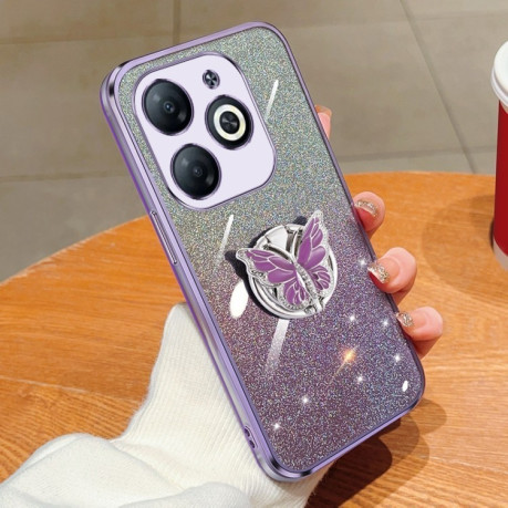 Противоударный чехол Plated Gradient Glitter Butterfly Holder для Infinix Smart 8 - фиолетовый