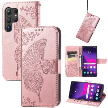 Чехол-книжка Butterfly Love Flower Embossed для Samsung Galaxy S24 Ultra 5G - розовое золото