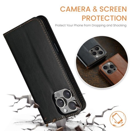 Кожаный чехол-книжка Fierre Shann Genuine leather для iPhone 16 Pro - черный