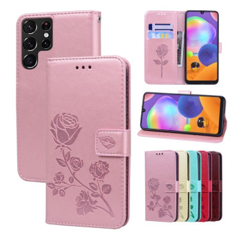 Чехол-книжка Rose Embossed для Samsung Galaxy S22 Ultra 5G - розовое золото
