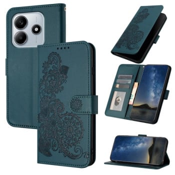 Чехол-книжка Embossed Flower Zipper Leather на Redmi Note 14 5G/Poco M7 Pro 5G - зеленый
