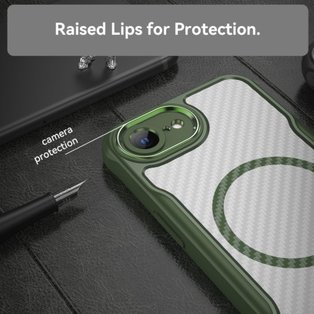 Ударозахисний чохол Carbon Fiber Texture MagSafe Translucent на iPhone 16e - зелений