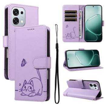 Чехол-книжка Escase с тиснением милой кошки на OPPO A6 Pro 4G / 5G Global — фиолетовый