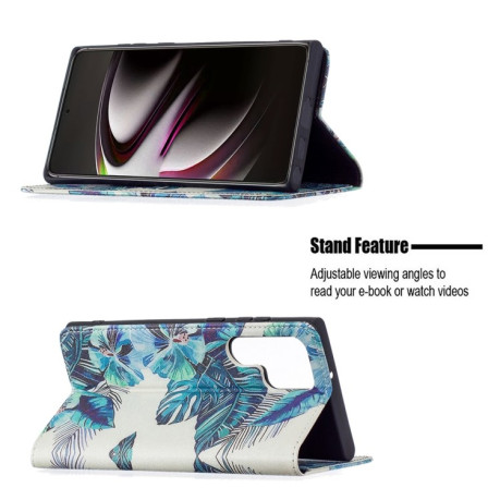 Чехол-книжка Colored Drawing Pattern Invisible для Samsung Galaxy S22 Ultra 5G - Blue Leaf