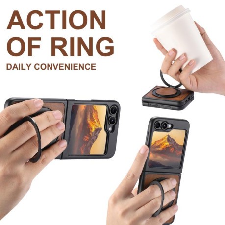 Чохол Suteni G3 Oil Wax 360 Rotation Holder MagSafe для Samsung Galaxy Flip 7 5G - коричневий