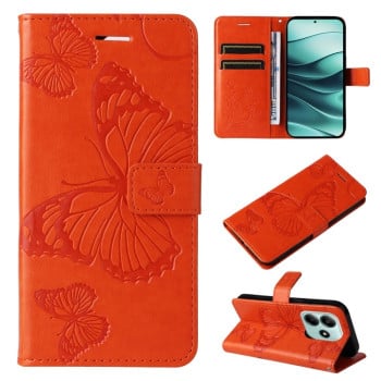 Чехол-книжка с тиснением “бабочки” и магнитным хлястиком на Xiaomi Redmi Note 14 5G/Poco M7 Pro 5G - оранжевый