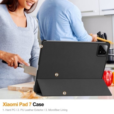 Чехол Custer Texture Three-folding Sleep/Wake-up для Xiaomi Pad 7 / 7 Pro- черный
